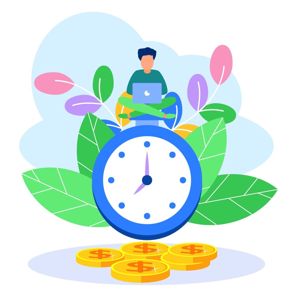 Illustration-of-man-sitting-on-a-timeclock-over-coins