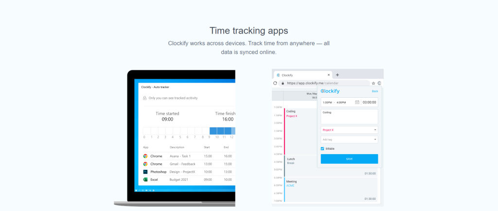 Clockify app landing page screenshot