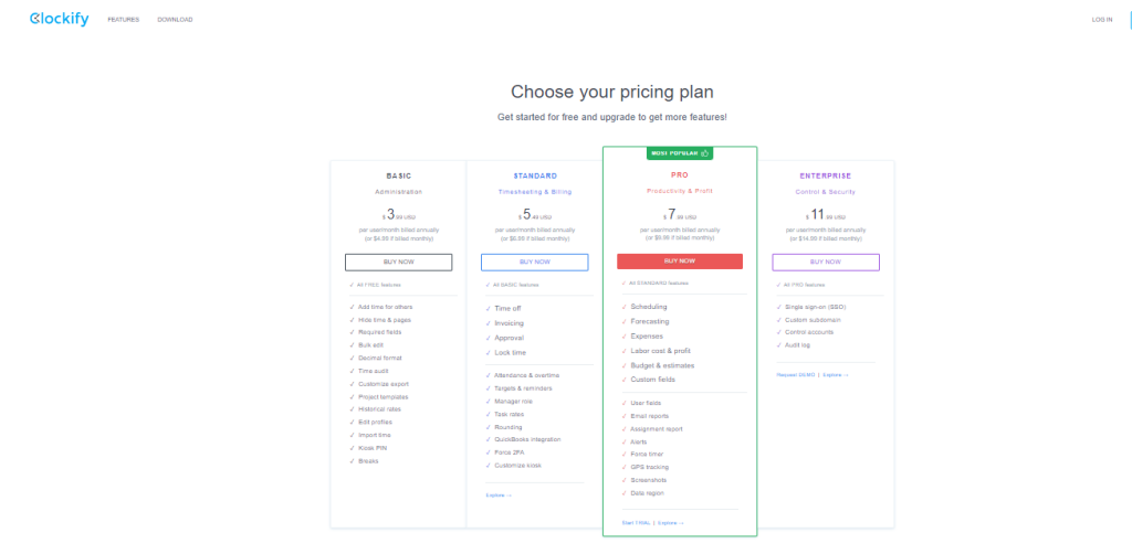 Clockify-official-pricing-page-screenshot