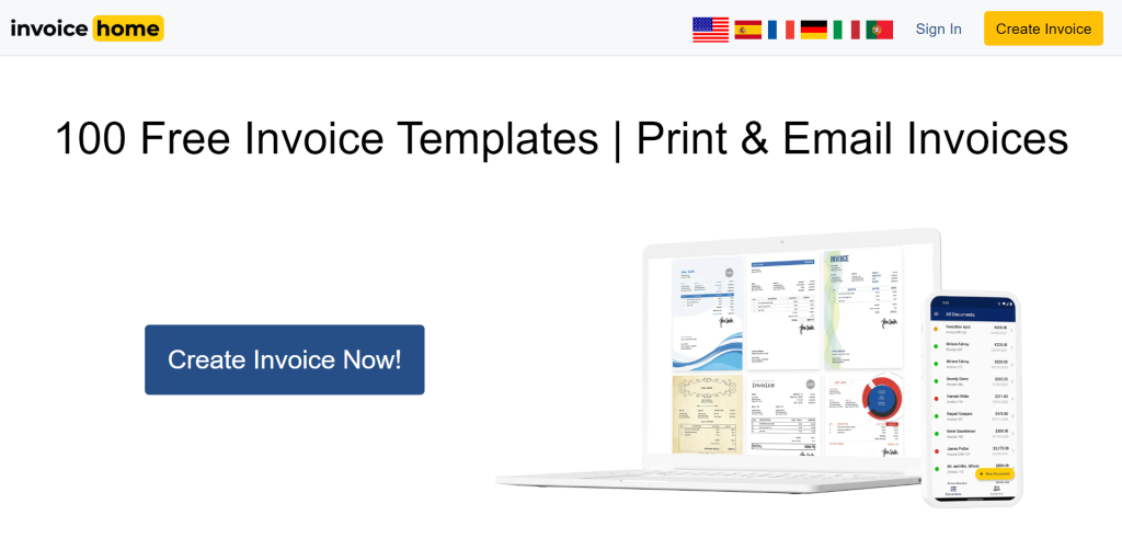 Invoice Home landing page screenshot