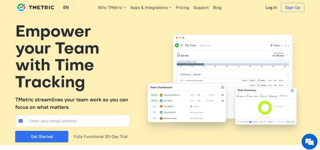 TMetric landing page screenshot