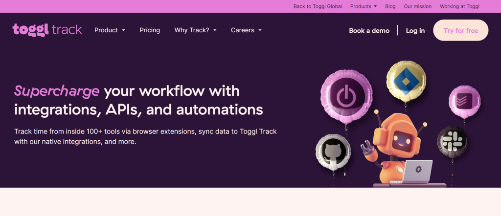 Toggl Chrome extension landing page screenshot