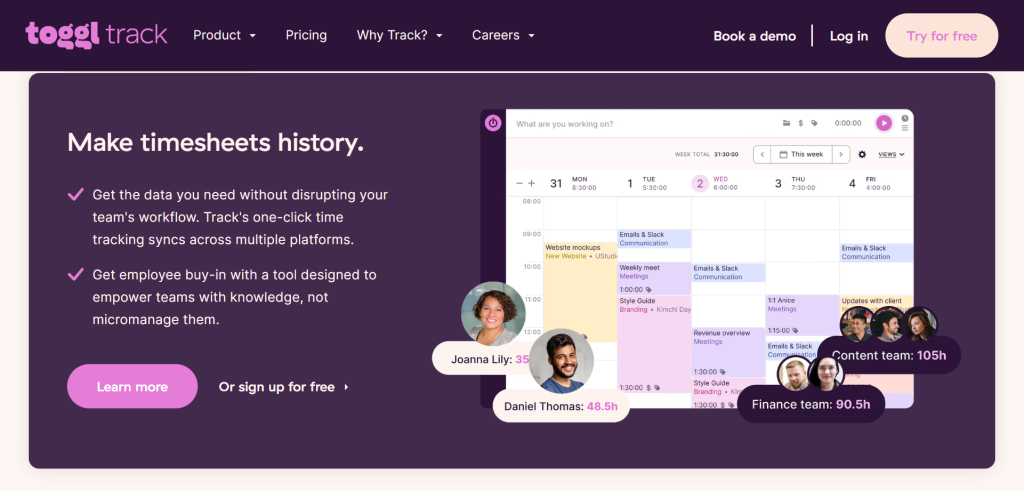 Toggl landing page screenshot