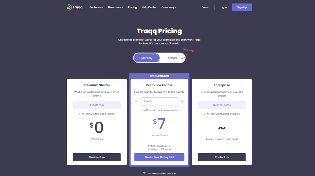 Traqq-official-pricing-page-screenshot