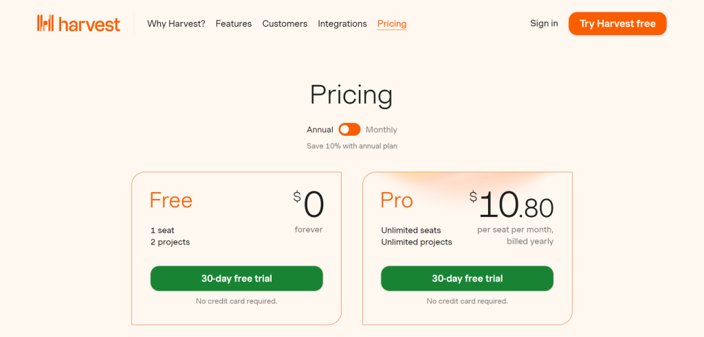 Harvest-official-pricing-page-screenshot