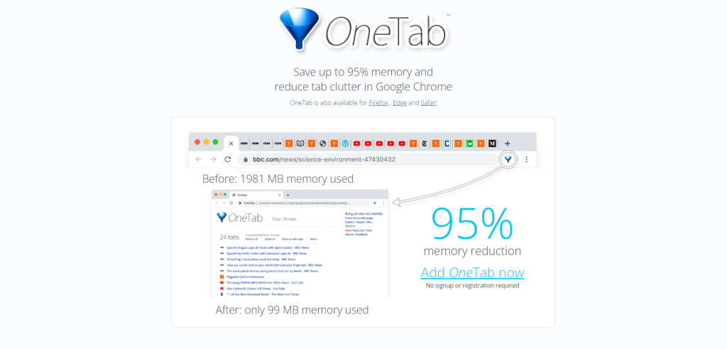 OneTab landing page screenshot