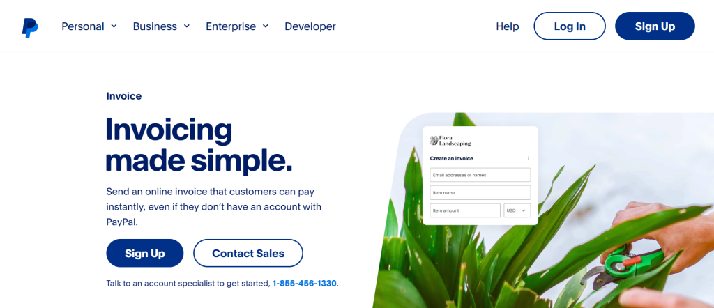 PayPal Business invoicing landing page screenshot