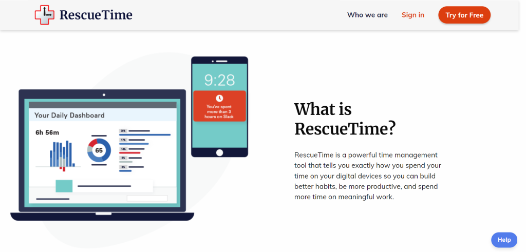 RescueTime landing page screenshot