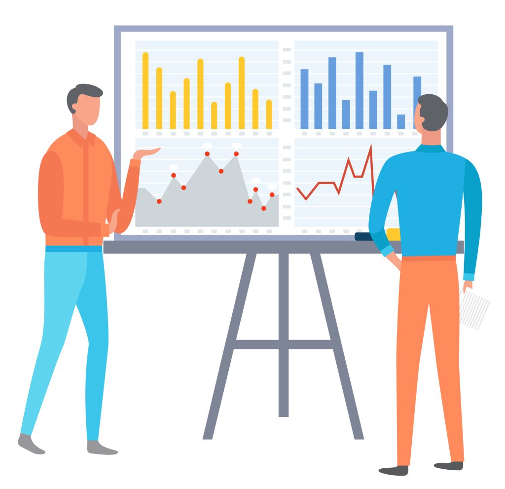 Illustration of people analysing KPI data on a white boardboard