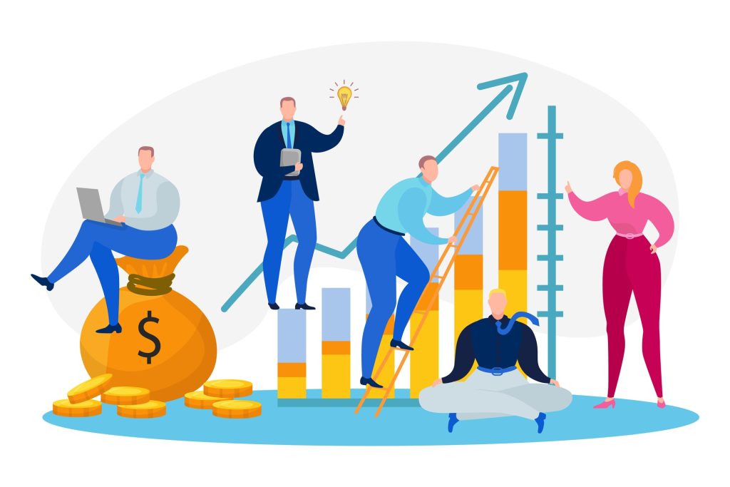 Illustration of Staff measuring  revenue and profit KPIs