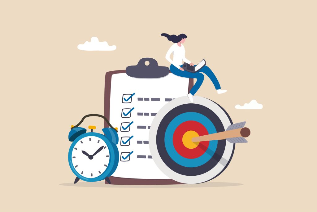 illustration of woman sitting on top of clipboard with KPI checklist, target, and alarm clock