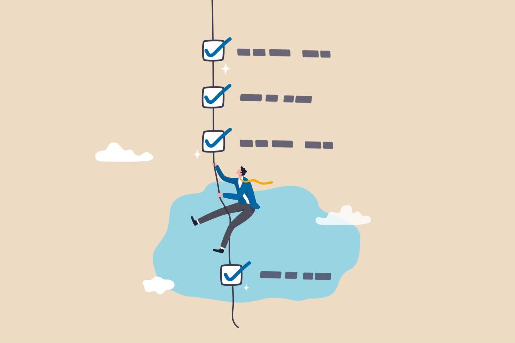 Illustration of man climbing rope with checked off KPIs