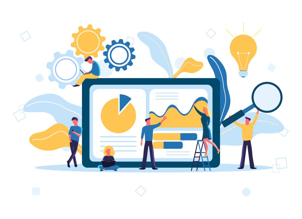 Flat vector illustration of data analysis design concept. Small people and laptop screen with data analysis graphs and charts, analysts working.