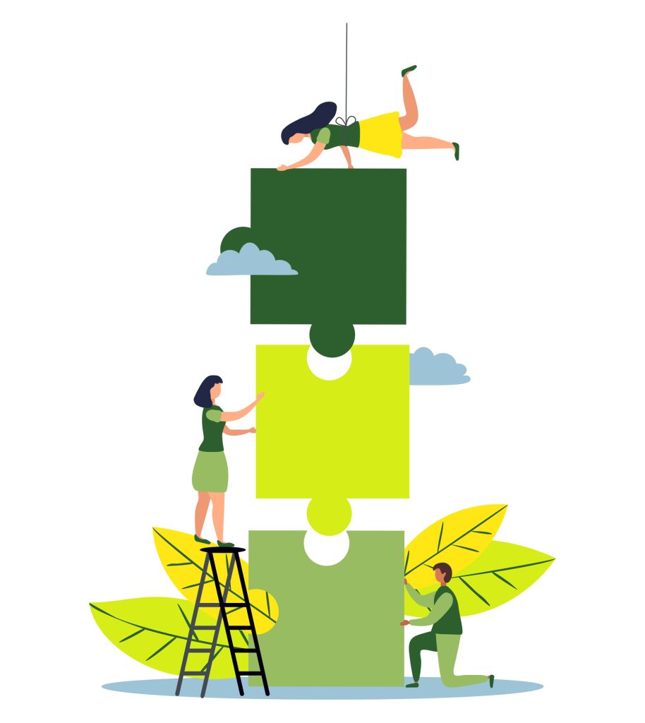 Business concept. Team metaphor. people connecting puzzle elements. illustration flat design style. Symbol of teamwork, cooperation, partnership.