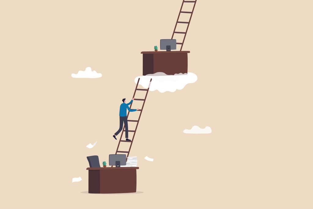 Employee getting internal promotion climbing ladder to desk