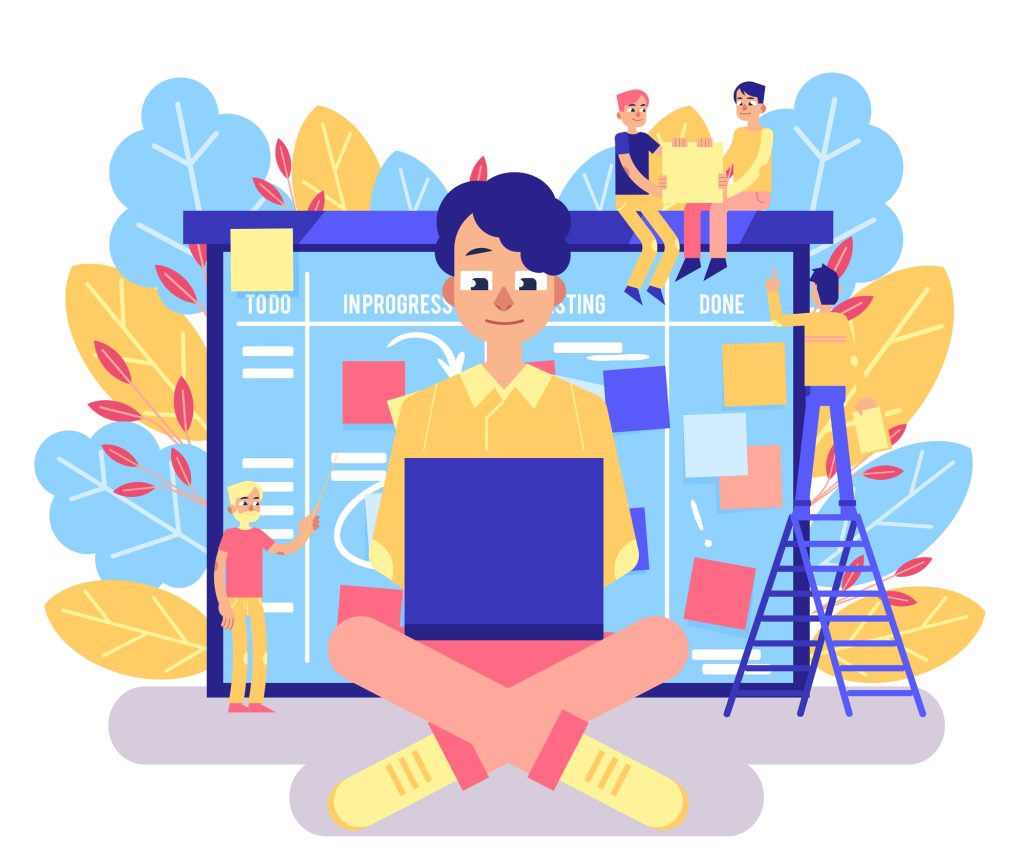 Scrum board concept with young man working with laptop against big agile organizer with sticky colorful papers. Methodology to manage business project in isolated flat vector illustration.