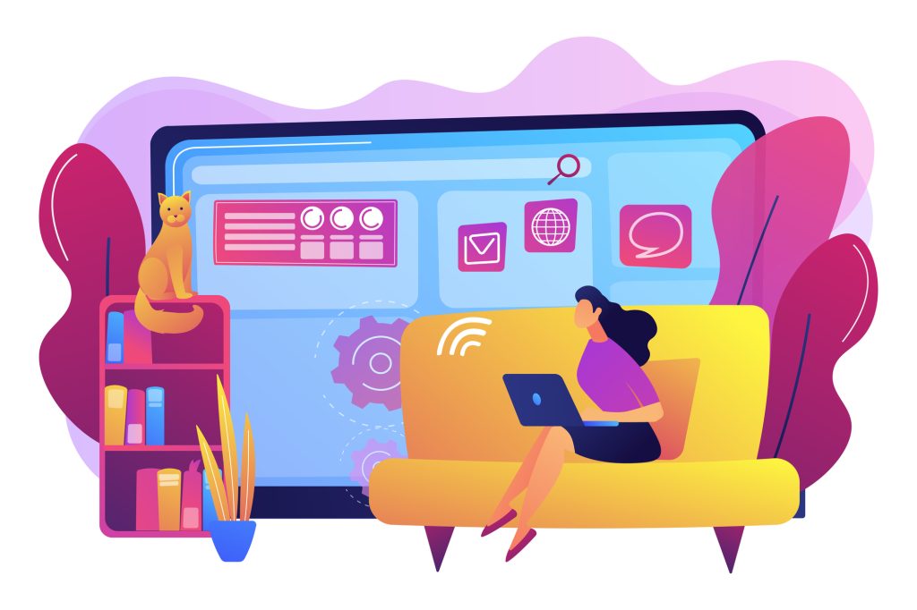 Home office, remote work. Distance learning. Copywriting job. Freelance work, online self-employment, best freelancers here concept. Bright vibrant violet vector isolated illustration